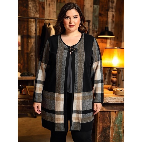Anne Klein Plaid Buckle Black Gray Beige Sweater Jacket Women 2X Long Sleeve - Picture 2 of 5